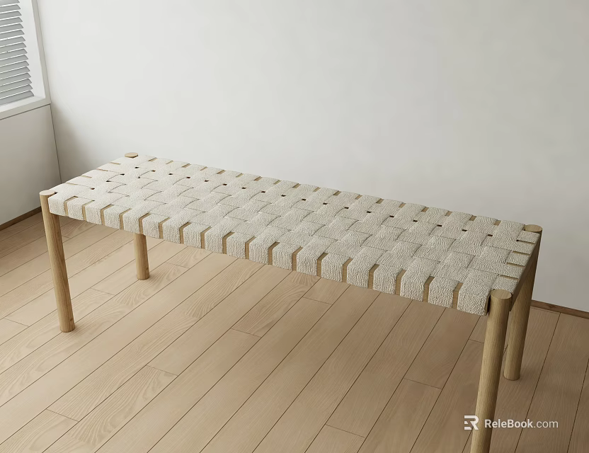 Light Colored Bench With Woven Surface And Wooden Legs On Wooden Floor Indoor 3d model 