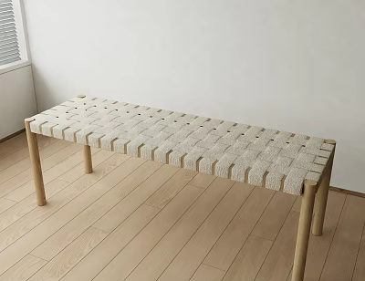Light Colored Bench With Woven Surface And Wooden Legs On Wooden Floor Indoor 3d model