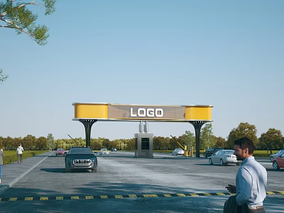 Modern Entrance Gate With Yellow Overhead Beam Logo Passing Vehicles And Green Trees 3d model