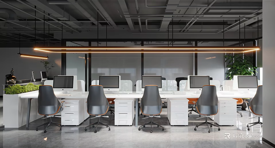 Modern Public Office Space Design With White Desks Gray Chairs And Computers 3d model