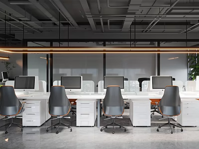 Modern Public Office Space Design With White Desks Gray Chairs And Computers 3d model