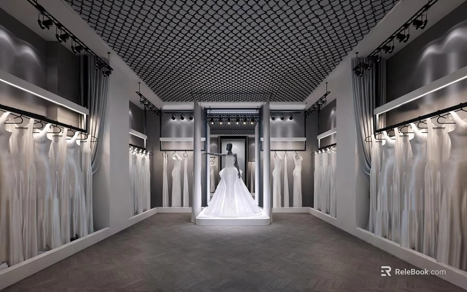 Elegant Wedding Dress Shop With Exquisite Wedding Dresses And Modern Interior Lighting Design 3d model 