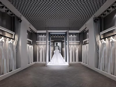 Elegant Wedding Dress Shop With Exquisite Wedding Dresses And Modern Interior Lighting Design 3d model