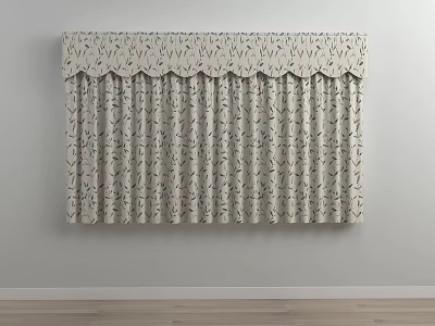 Beige Curtain With Blue Thin Line Pattern Scalloped Top Design Hanging On White Wall 3d model