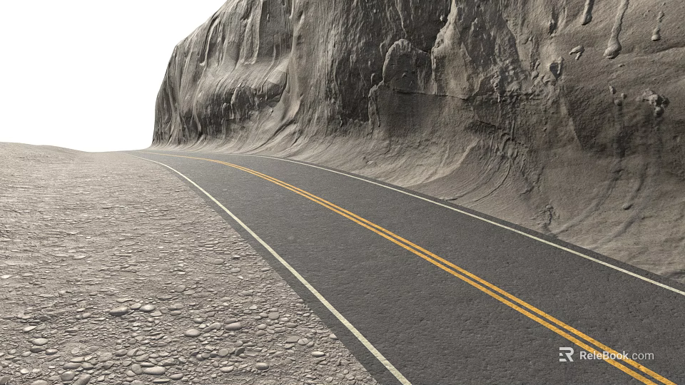 Winding Road Along Massive Rocky Cliff Featuring Double Yellow Lines And Gravel Ground 3d model 