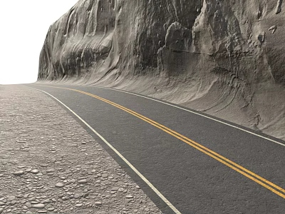 Winding Road Along Massive Rocky Cliff Featuring Double Yellow Lines And Gravel Ground 3d model