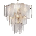 Elegant Modern Chandelier With Transparent Hanging Panels Brass Accents And Warm Lighting