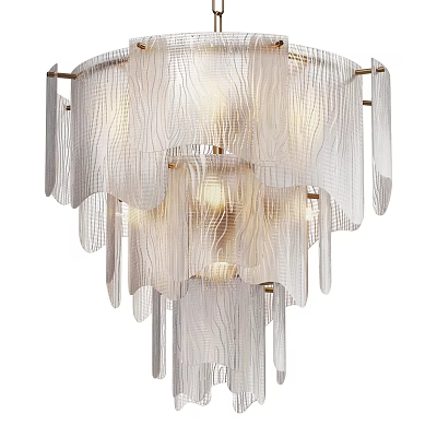 Elegant Modern Chandelier With Transparent Hanging Panels Brass Accents And Warm Lighting 3d model