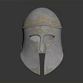 Ancient Medieval Weapon Silver Helmet With Golden Ornate Engravings And Metallic Finish