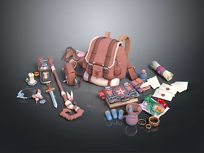 Adventure Travel Gear Collection With Backpack Lantern Scroll Sword And Letters 3d model