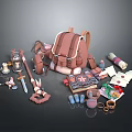 Adventure Travel Gear Collection With Backpack Lantern Scroll Sword And Letters