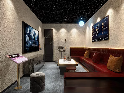 Modern KTV Interior With Starry Ceiling Large Screen TV Song Selection Console And Red Sofa 3d model