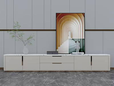 Modern White TV Stand with Decorative Vase Green Plant and Painting on Light Gray Wall 3d model