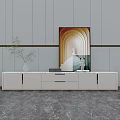Modern White TV Stand with Decorative Vase Green Plant and Painting on Light Gray Wall