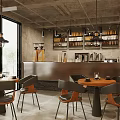 Modern Café Interior Design With Wooden Tables Bar Counter Coffee Machines Shelves And Large Windows