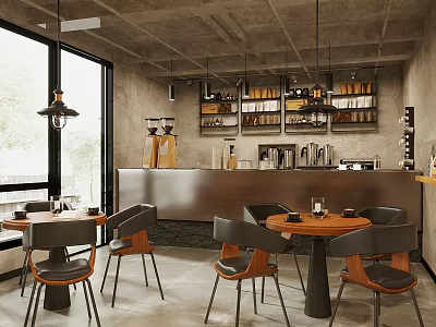 Modern Café Interior Design With Wooden Tables Bar Counter Coffee Machines Shelves And Large Windows 3d model