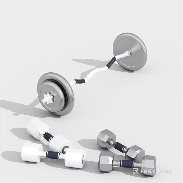 Sports Equipment Featuring Metal Barbell With Weight Plates And Adjustable Dumbbells For Fitness 3d model 