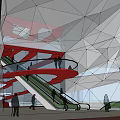 Modern Interior With Red Geometric Ceiling And Escalator With People Walking 3d model