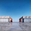 Modern Industrial Park Building Exterior With Blue Sky And Reflective Ground Surface