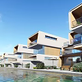 Modern Row Of Waterfront Townhouses With Glass Balconies And Lush Landscaping