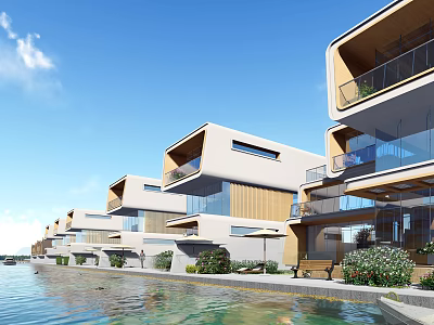 Modern Row Of Waterfront Townhouses With Glass Balconies And Lush Landscaping 3d model