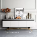 Modern Elegant TV Stand With White Cabinets Gold Frame Dried Flowers And Decorative Artworks