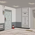 Elevator Door In Building Lobby With Safety Exit Sign Staircase And Fire Extinguisher