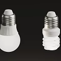 Two Types of White Light Bulbs LED Globe and Spiral CFL on Black Background