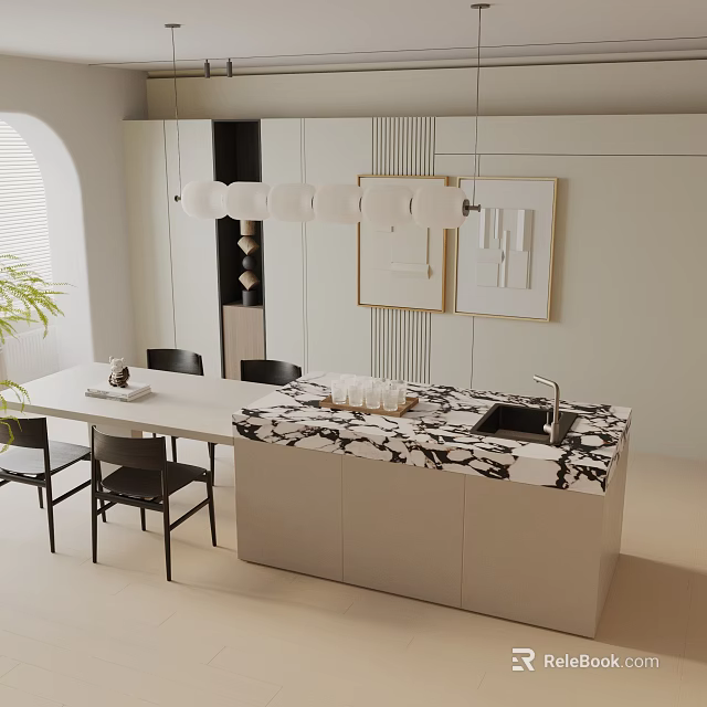 Modern Dining Table Set With Black Chairs Marble Countertop Island White Cabinets And Wall Art 3d model 