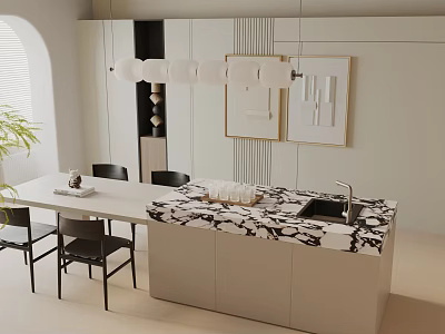 Modern Dining Table Set With Black Chairs Marble Countertop Island White Cabinets And Wall Art 3d model