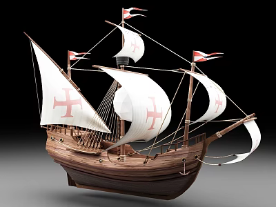Vintage Wooden Sailing Ship Model with White Sails and Red Cross 3d model