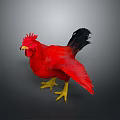 Red Rooster With Vibrant Red Feathers Black Tail And Yellow Feet Standing On Gray Background