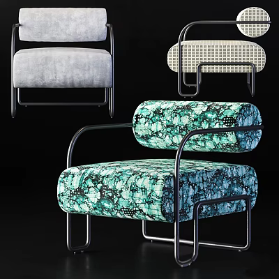 Modern Teal Floral Accent Chair With Black Metal Frame And Soft Upholstery 3d model