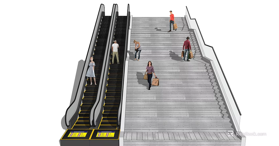 Automatic Escalator And Staircase With People Carrying Luggage In Public Area 3d model 