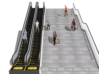 Automatic Escalator And Staircase With People Carrying Luggage In Public Area 3d model