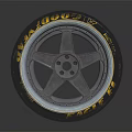 Tire with Star Shaped Silver Wheel and Side Yellow Flames on Dark Background with Reflection