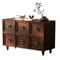 Solid Wooden Entryway Cabinet Sideboard with Six Drawers Metal Handles and Decorative Vase on Top
