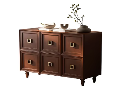 Solid Wooden Entryway Cabinet Sideboard with Six Drawers Metal Handles and Decorative Vase on Top 3d model