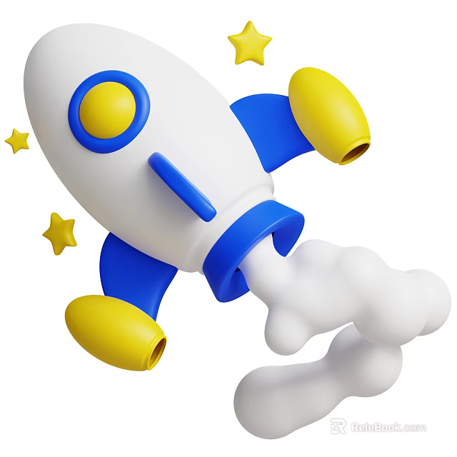 Cute Rocket Shaped Decorative Ornament Set With White Blue Yellow Stars And Clouds 3d model 