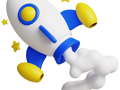 Cute Rocket Shaped Decorative Ornament Set With White Blue Yellow Stars And Clouds 3d model