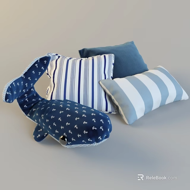 Blue And White Striped Pillows With Whale Shaped Cushion And Star Patterns 3d model 