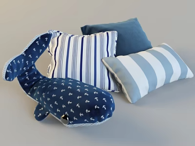 Blue And White Striped Pillows With Whale Shaped Cushion And Star Patterns 3d model