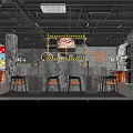 Industrial Modern Restaurant Interior With Concrete Walls Metal Lights And Orange Chairs
