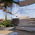 Spiral Staircase With Wooden Structure And Transparent Glass On Modern Terrace With Palm Tree