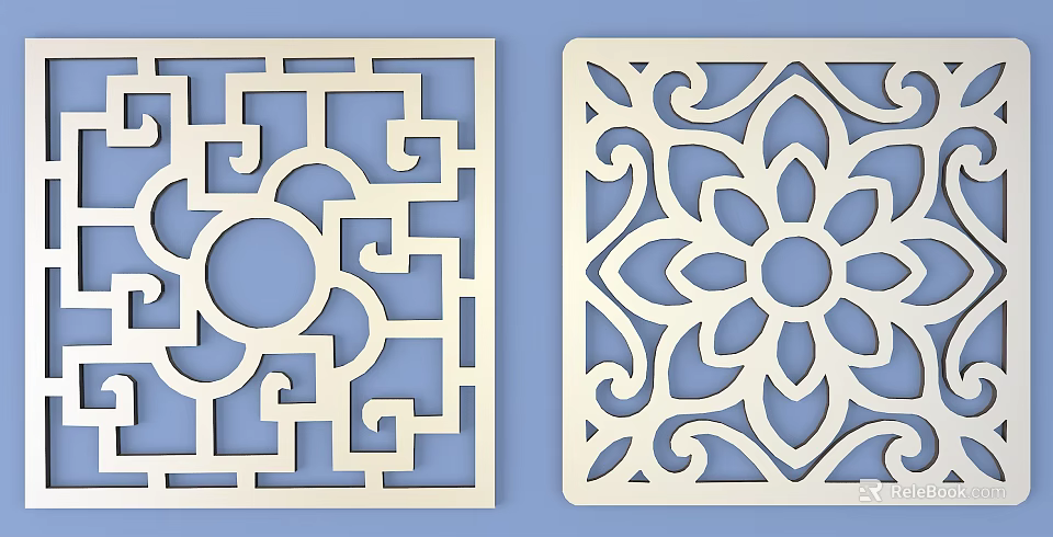 Decorative Wooden Carved Windows With Geometric And Floral Patterns In Square Shape 3d model 