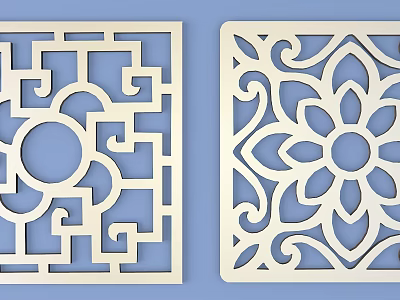 Decorative Wooden Carved Windows With Geometric And Floral Patterns In Square Shape 3d model