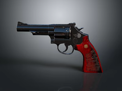 Classic Revolver With Black Metal Frame Red Checkered Grip And Shiny Finish 3d model