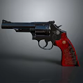 Classic Revolver With Black Metal Frame Red Checkered Grip And Shiny Finish