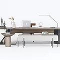 Modern Office Desk With Laptop Desk Lamp Books Decorative Items And Bench