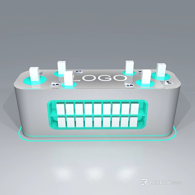 Mall Store Display Stand Featuring Gray Base White Pillars Central LOGO And Green Grid Design 3d model